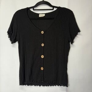 Face Kisses XL Black Ribbed Knit Button‎ Up Top Ruffle Trim Short Sleeve